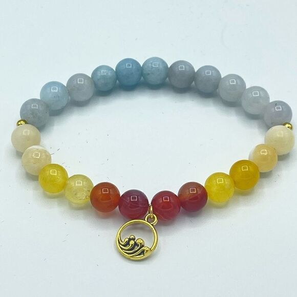 Ocean wave carnelian yellow agate honey calcite aquamarine beaded stretch bracel - Picture 16 of 16